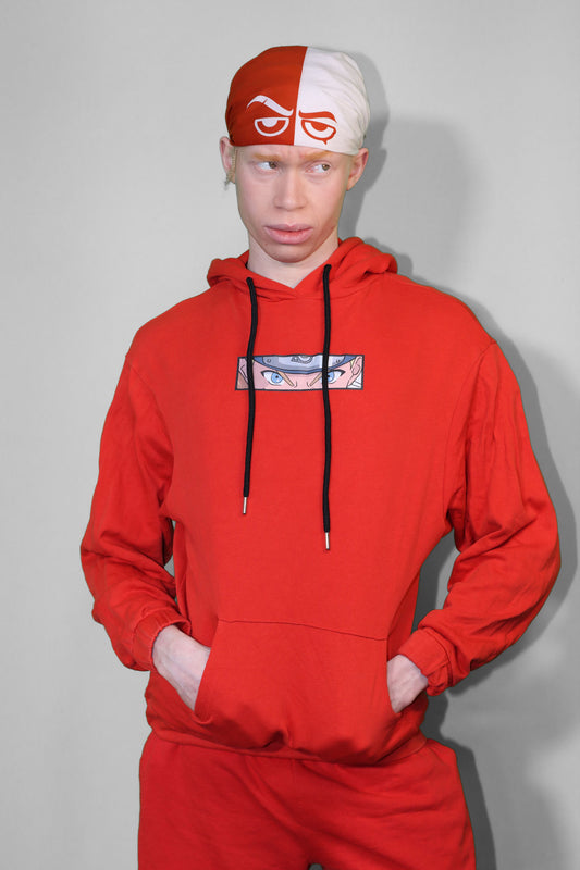 Model wearing red bandana