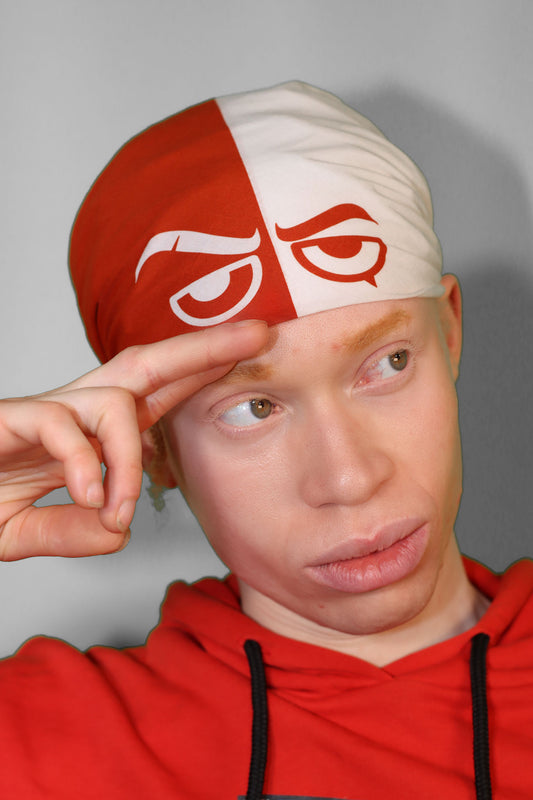 Model wearing red bandana