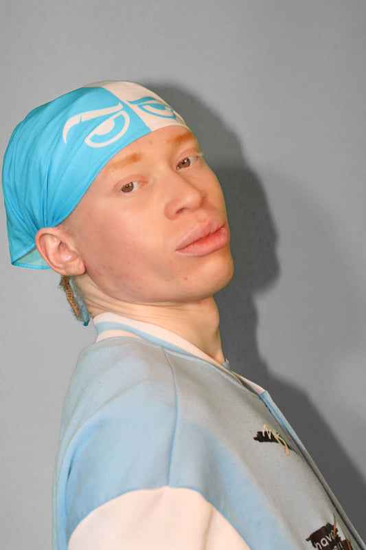 Model wearing baby blue bandana