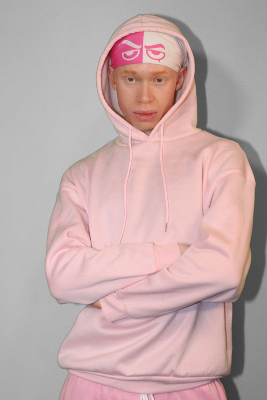 Model wearing pink bandana 