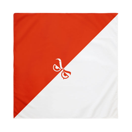 Red and white fabric with a logo on a white background
