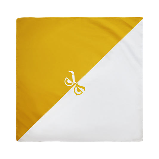 Yellow and white bandana with a logo on a white background